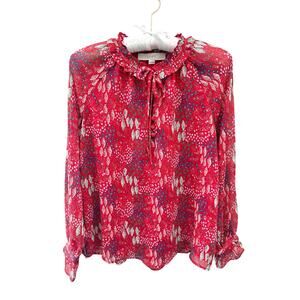 LOFT | Petite Red Garden Floral Ruffle Neck Blouse Top | Small